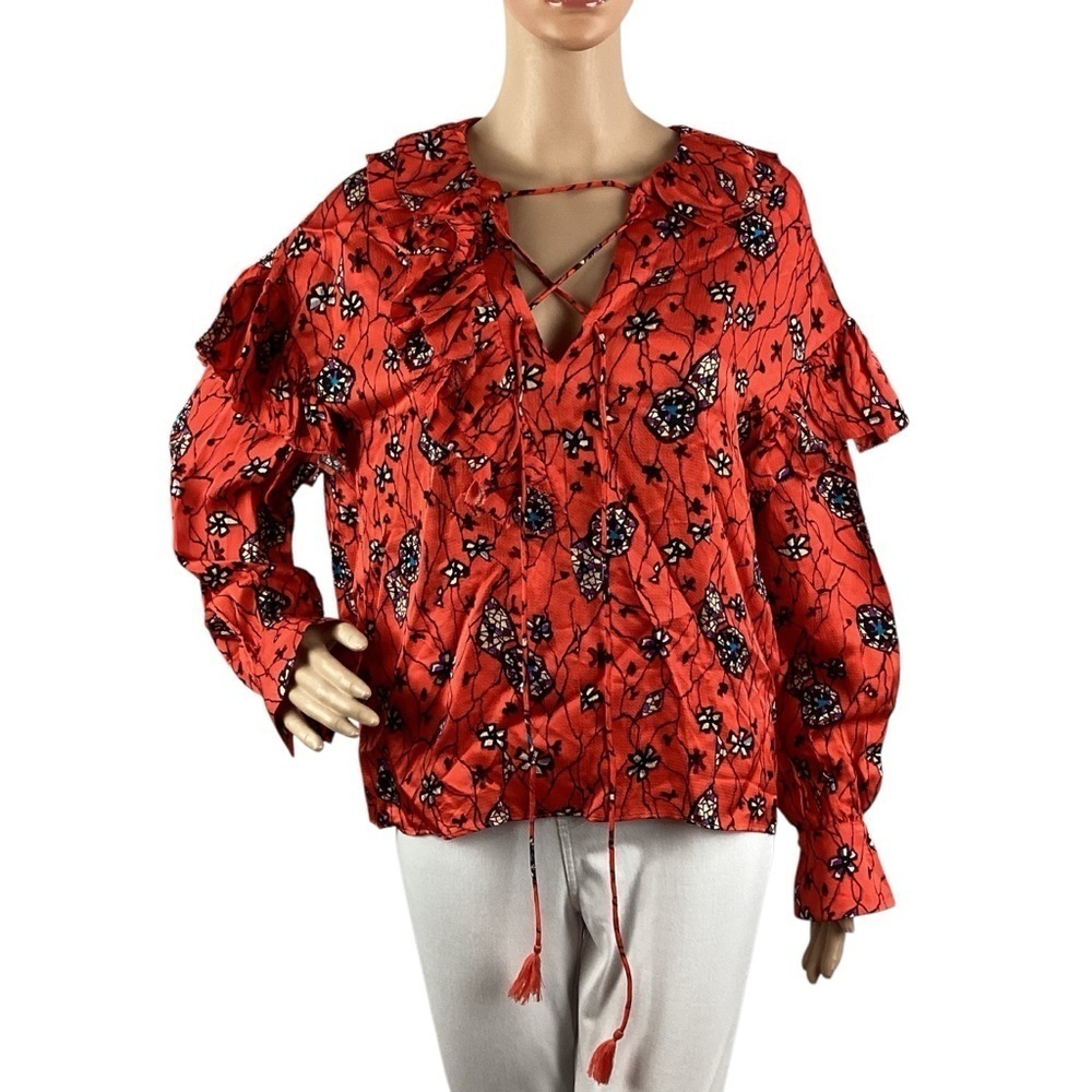 Joie Rainie Blouse Poinciana Multi Red Floral Peasant Top Boho Balloon Sleeve XS